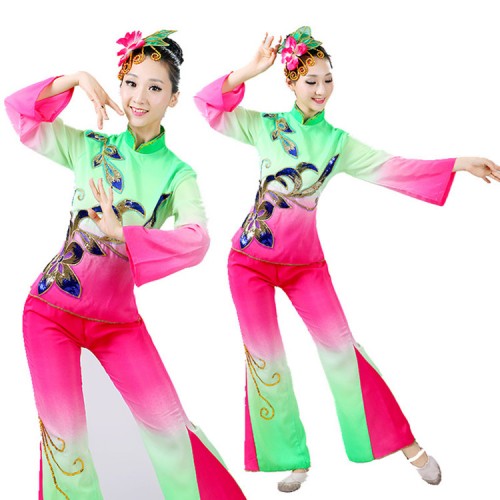 Women's chinese folk dance costumes for female green pink competition performance traditional yangko fan dance dresses